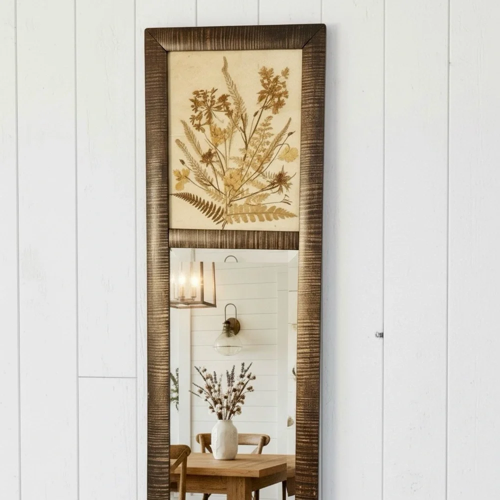 Rare Vintage Dried Pressed Botanical Floral 70s Boho Farmhouse Beveled Mirror